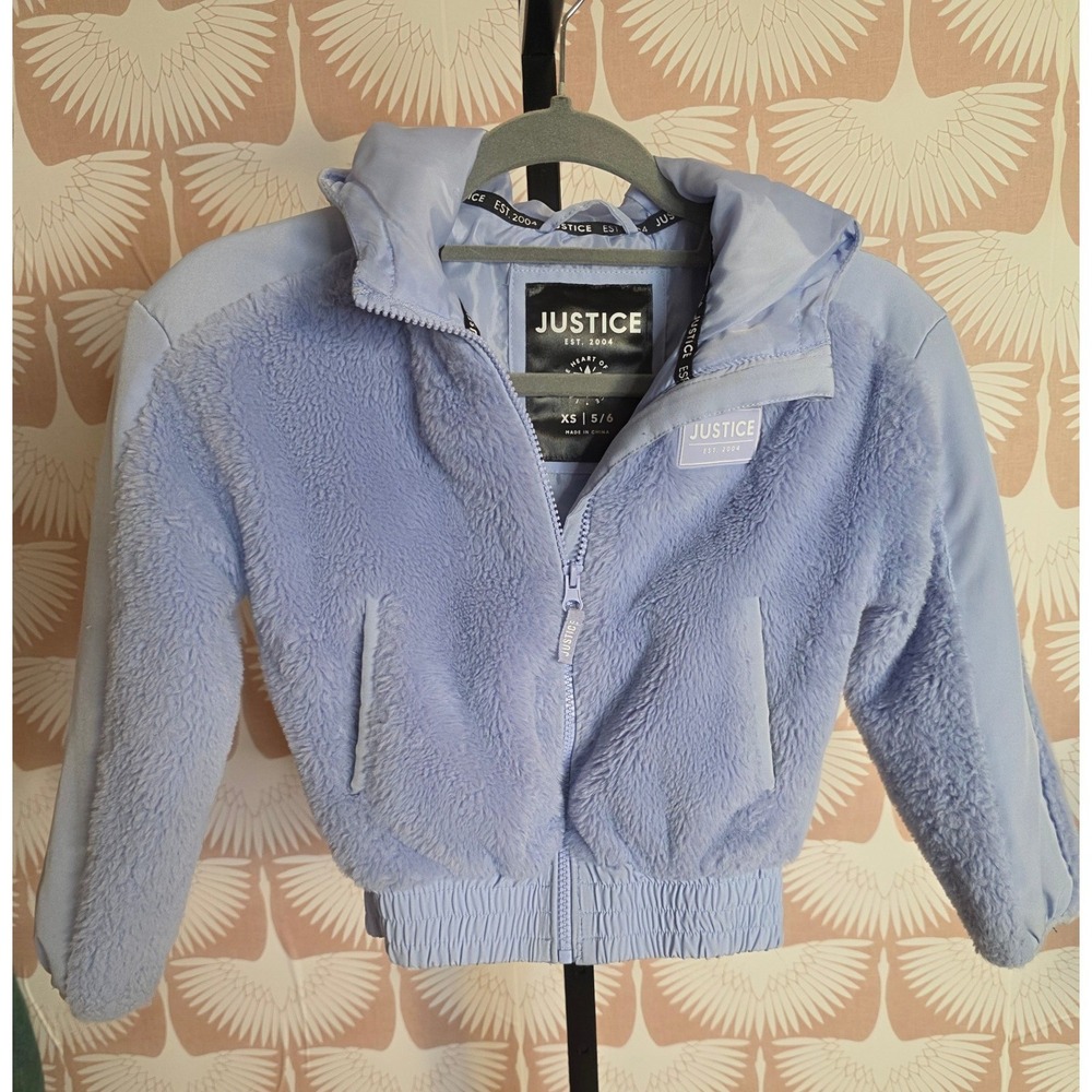 Justice Girls Amethyst Purple Faux Fur Hooded Bomber Jacket XS 5/6 Fall Cozy